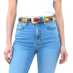 Barcelona Serape Southwestern Leather Bright Woven Color Belt Sz M Gold Buckle